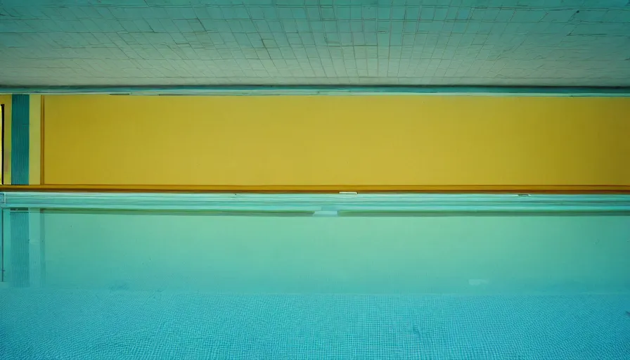 Prompt: 1 9 6 0 s movie still of an empty light yellow tiles swimmingpool, low quality, liminal space style