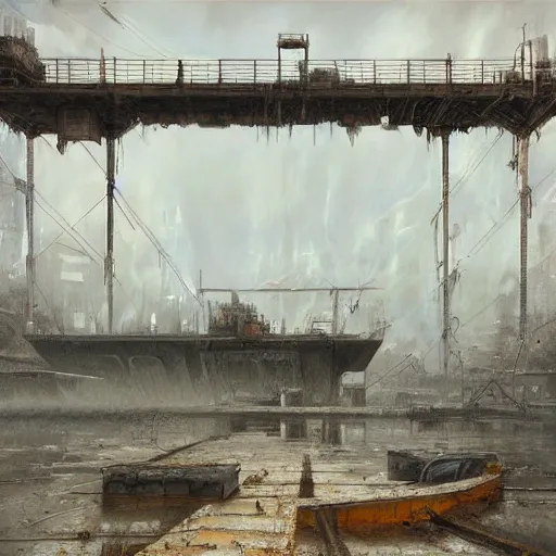 Prompt: abandoned shipyard, digital painting, artstation, concept art, by donato giancola, Sean Yoro, Greg Rutkowski, trending on Artstation, Joseph Christian Leyendecker, WLOP, Boris Vallejo, dark, moody, foggy