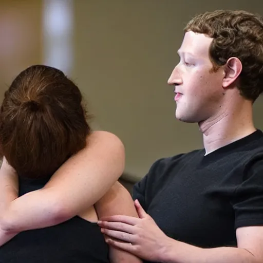 Prompt: uncanny valley Mark Zuckerberg comforting a grieving widow, photo, detailed, 4k