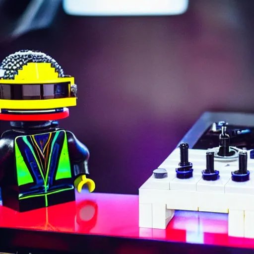 Image similar to Lego Daft Punk DJing with realistic DJ turntables