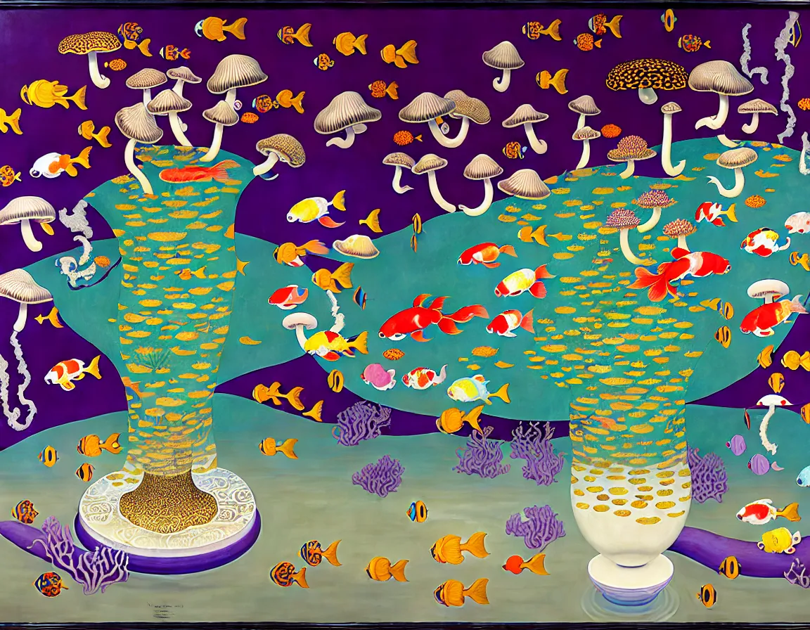 Image similar to vase of mushroom in the sky and under the sea decorated with a dense field of stylized scrolls that have opaque purple outlines, with koi fishes and electrifying eels, ambrosius benson, kerry james marshall, afrofuturism, oil on canvas, history painting, hyperrealism, award winning, light color, no hard shadow, around the edges there are no objects