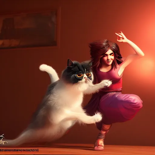 Prompt: A hyper real comic book style portait painting of two persian cats dancing salsa, unreal 5, hyperrealistic, octane render, cosplay, RPG portrait, dynamic lighting