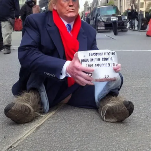 Image similar to donald trump dressed as a homeless man asking for money on the streets