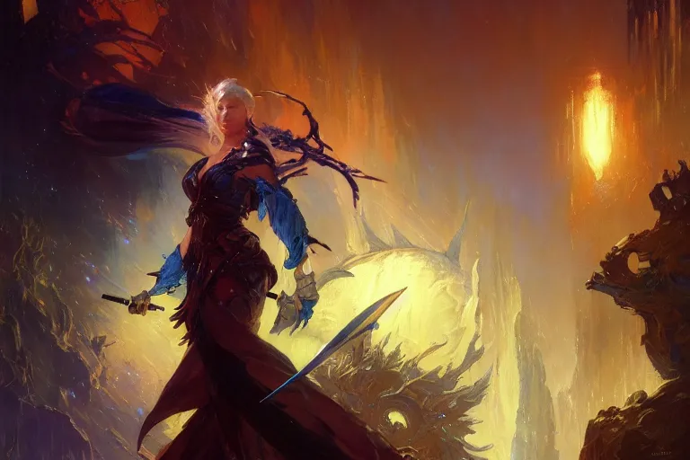 Image similar to netease sephiroth, night, brilliant colors and hard shadows and strong rim light, colorful, night sky, cool white color temperature, blue hue, cool tones, painting by gaston bussiere, craig mullins, j. c. leyendecker