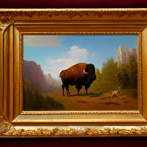 Prompt: enormous bison in a valley, painting by albert bierstadt, highly detailed