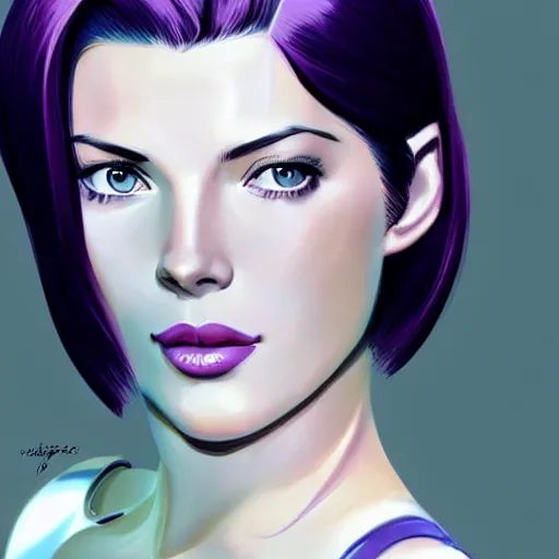 Prompt: A combination of Grace Kelly's and Katheryn Winnick's and Ashley Greene's faces with short violet hair as Motoko Kusanagi from Ghost in The Shell, western, D&D, fantasy, intricate, elegant, highly detailed, digital painting, artstation, concept art, matte, sharp focus, illustration, art by Artgerm and Greg Rutkowski and Alphonse Mucha
