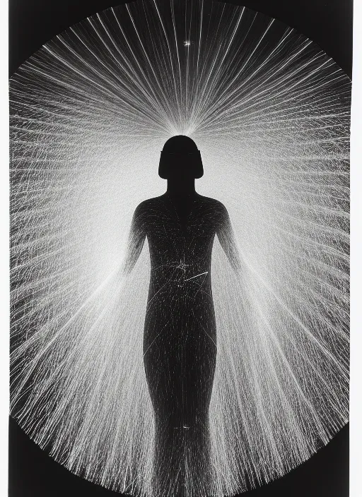 Prompt: realistic scientific documentary photo of a bird aura fields glowing particles, front view 1 9 9 0, life magazine reportage photo, metropolitan museum photo