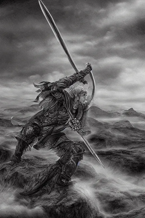 Image similar to Tonemapped warrior with lowered sword in the style of Kentaro Miura, with a landscape in the style of Wanderer above the Sea of Fog