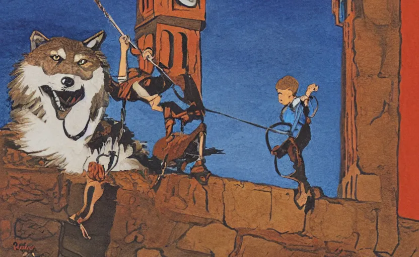 Image similar to a boy fighting a wolf on the edge of a clocktower, gouache, flat, print