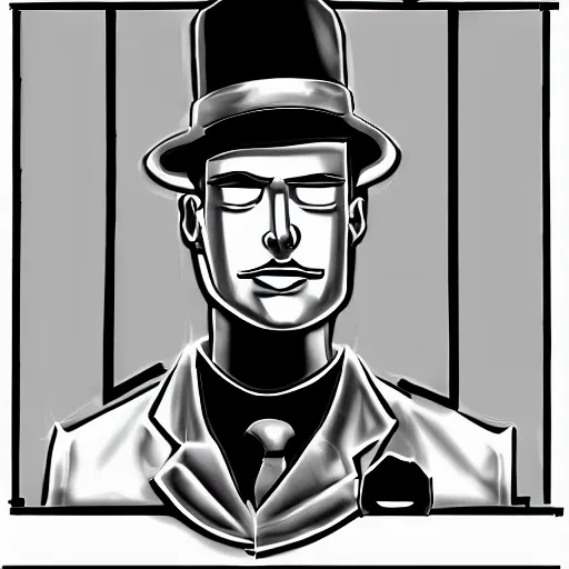 Image similar to portrait of noir robot detective, black and white digital art,