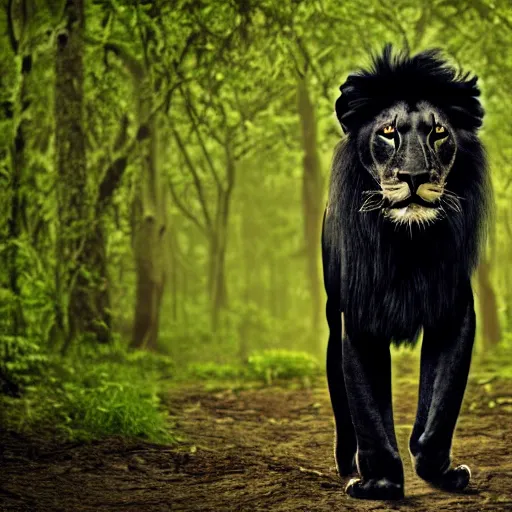 Prompt: professional wildlife photograph of a black lion standing in dark jungle, surrounded by surreal trees, cinematic lighting, staring eyes, apex predator, natgeo, 3 5 mm lens