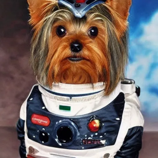 Image similar to A Yorkshire Terrier in a space suit, its face, smiling, clearly visible inside the helment /imagine https://discord.com/channels/1002292111942635562/1005628033945837620/1006191040228753459