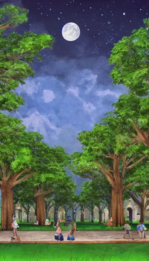 Image similar to a city park in Merida Yucatan Mexico with Ceiba trees and a full moon. fantasy illustration