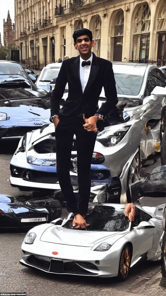 Image similar to rishi sunak completely blinged out, next to a sports car in mayfair