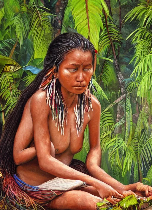 Image similar to a beautiful painting of a young indigenous female crafting a fabric in the jungle, realistic face, ayahuasca, fantasy art style, matte painting, highly detailed