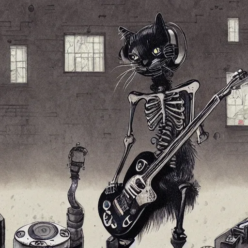 Image similar to skeleton wearing headphones, watching girl playing guitar while her black cat standing next to her, detailed intricate ink illustration, dark atmosphere, detailed illustration, hd, 4k, digital art, overdetailed art, by greg rutkowski, by loish, complementing colors, Trending on artstation