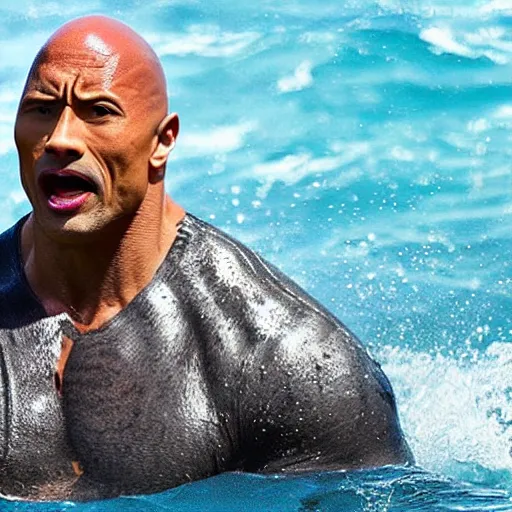 Image similar to photo of Dwayne Johnson yelling and riding a shark in the middle of the ocean, full shot, highly detailed face