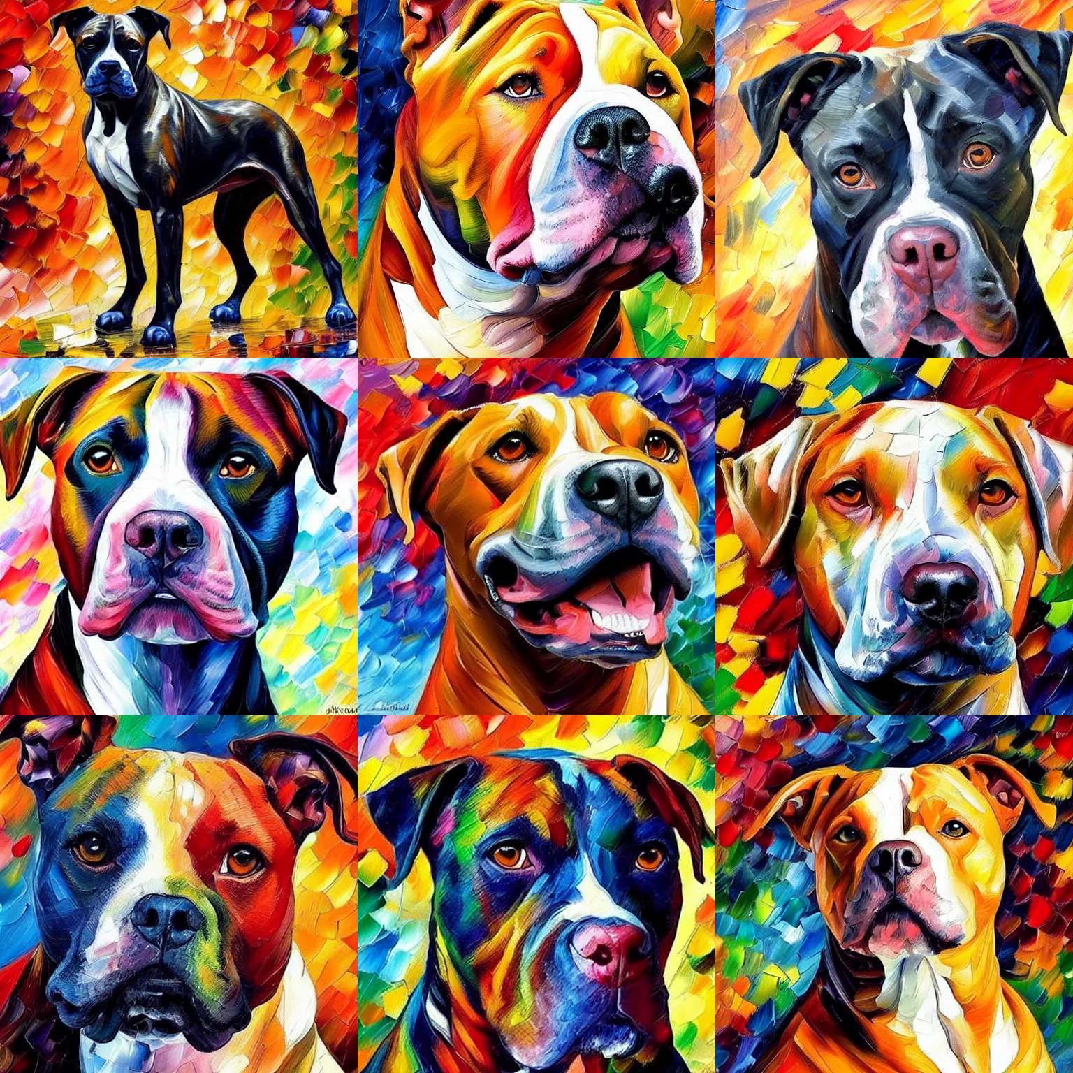 Prompt: a portrait of an american staffordshire terrier, intricate, highly detailed, 8 k. palette knife oil painting on canvas by leonid afremov.