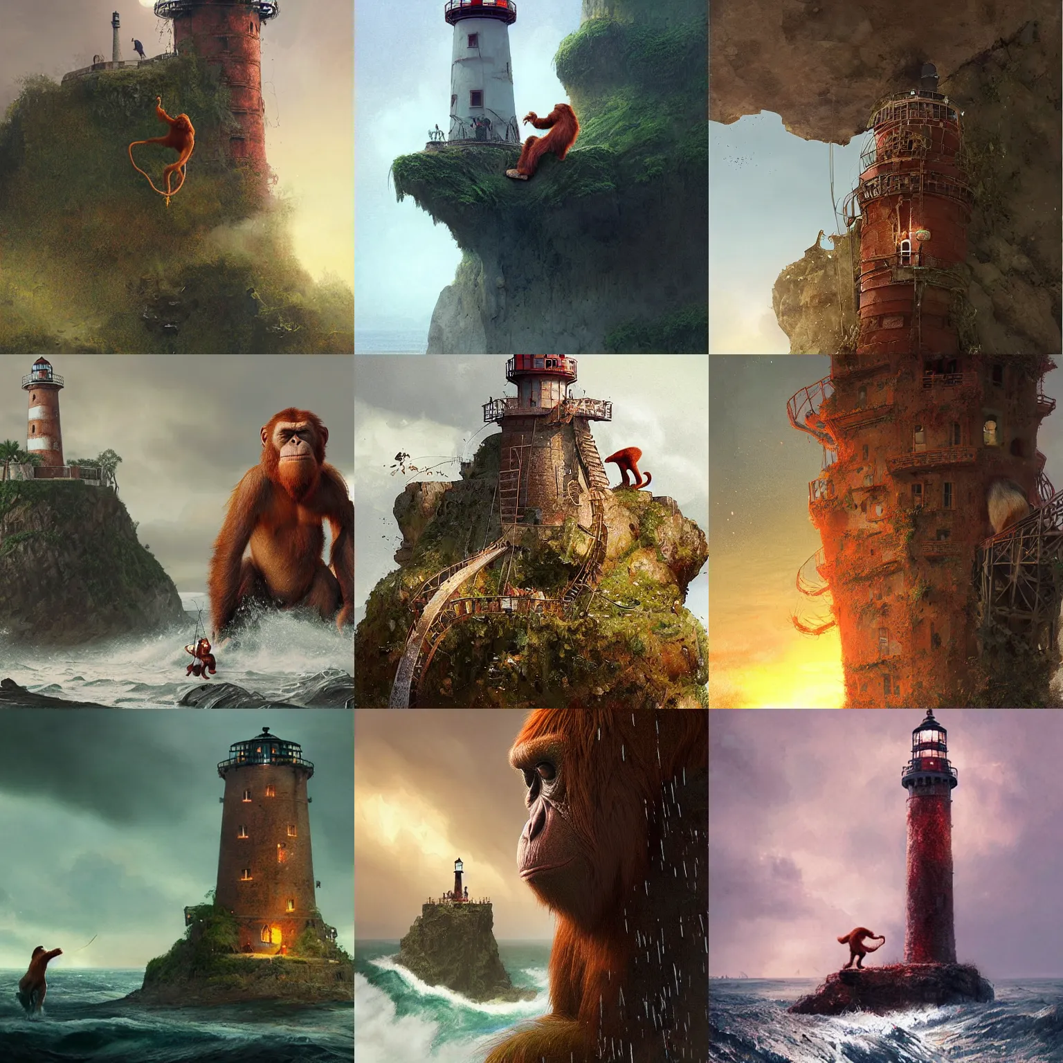 Prompt: red orangutan as king - kong climbing over small ruined lighthouse, pixar movie 2 0 2 2, photo realistic, highly detailed, perfect face, fine details, by carl spitzweg, ismail inceoglu, vdragan bibin, hans thoma, greg rutkowski, alexandros pyromallis