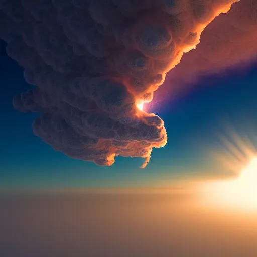 Image similar to gas eruption from a nebulous cloud formation. lens flare / 8 k / artstation / intricate / dynamic / dslr