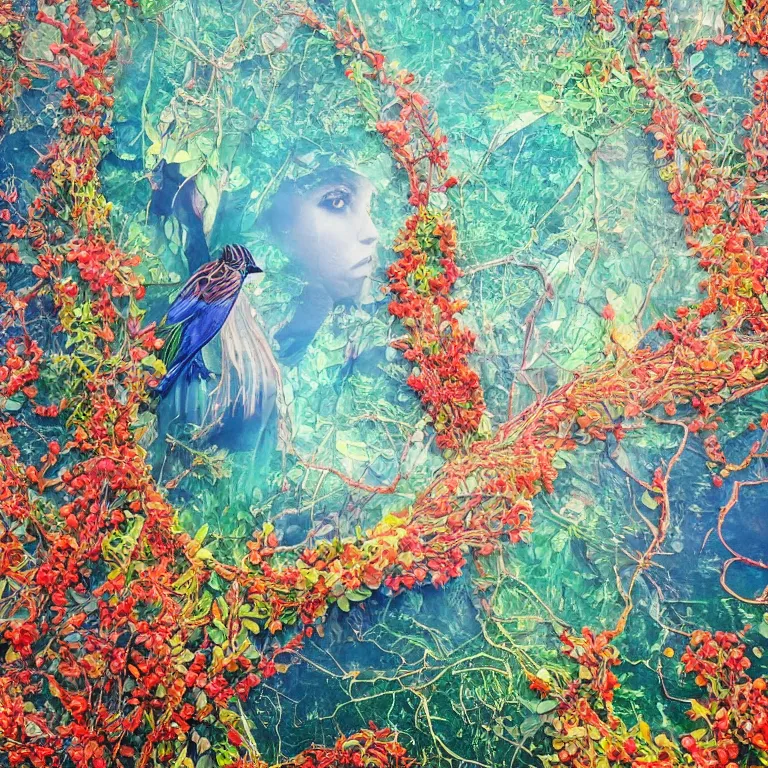 Image similar to human with the sea and the forest inside, veins diverge through the body like rivers filmed on a satellite, a person is decorated with wild berries, a beautiful bird is looking at him next, colorful picture