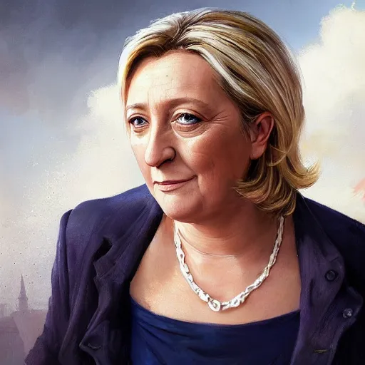 Prompt: Portrait of Marine le Pen , french revolution, heroic, passion, pride, amazing splashscreen artwork, splash art, head slightly tilted, natural light, elegant, intricate, fantasy, atmospheric lighting, cinematic, matte painting, detailed face, by Greg rutkowski