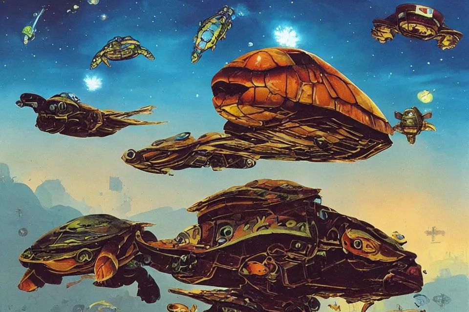 Image similar to an epic chris foss painting of a turtle spaceship and a carp spaceship.