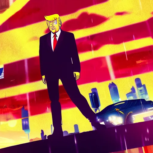 Image similar to A highly detailed screenshot of a new Donald Trump anime inspired by blade runner 2049, HDR, 8k, trending on artstation