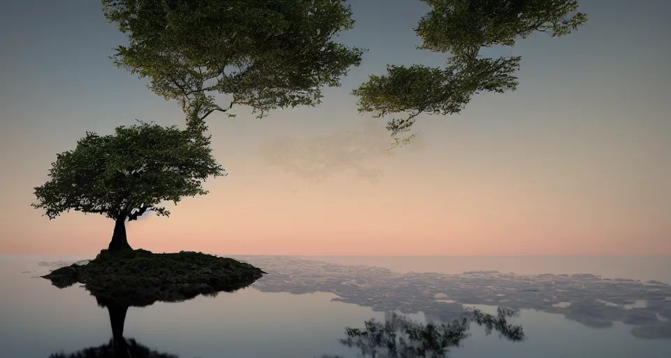 Image similar to a beautiful landscape painting of a tree on an island in a tranquil sea, reflections, night time, long exposure, hyper detailed, digital art, trending in artstation, cinematic lighting, studio quality, smooth render, unreal engine 5 rendered, octane rendered, art style by kurzgesagt and nixeu and ian sprigger and wlop and krenz cushart