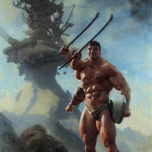 Image similar to handsome portrait of a spartan guy bodybuilder posing, lush surrounding by studio ghibli, by gaston bussiere, bayard wu, greg rutkowski, giger, maxim verehin