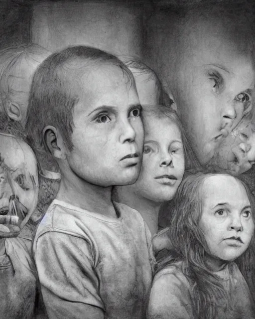 Image similar to group of creep children staring out, black and white character portrait, ultra realistic, concept art, intricate details, war, cinematic, highly detailed by grant wood