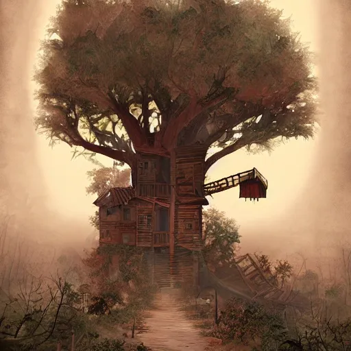 Image similar to post - apocalyptic dark liminal space dark paradise tree house, digital art, by pixar