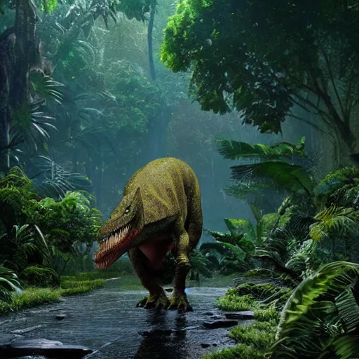 Image similar to tyrannosaurus rex walking through a jungle, atmosperic, dramatic lighting, trending on artstation, a still from pixar movie