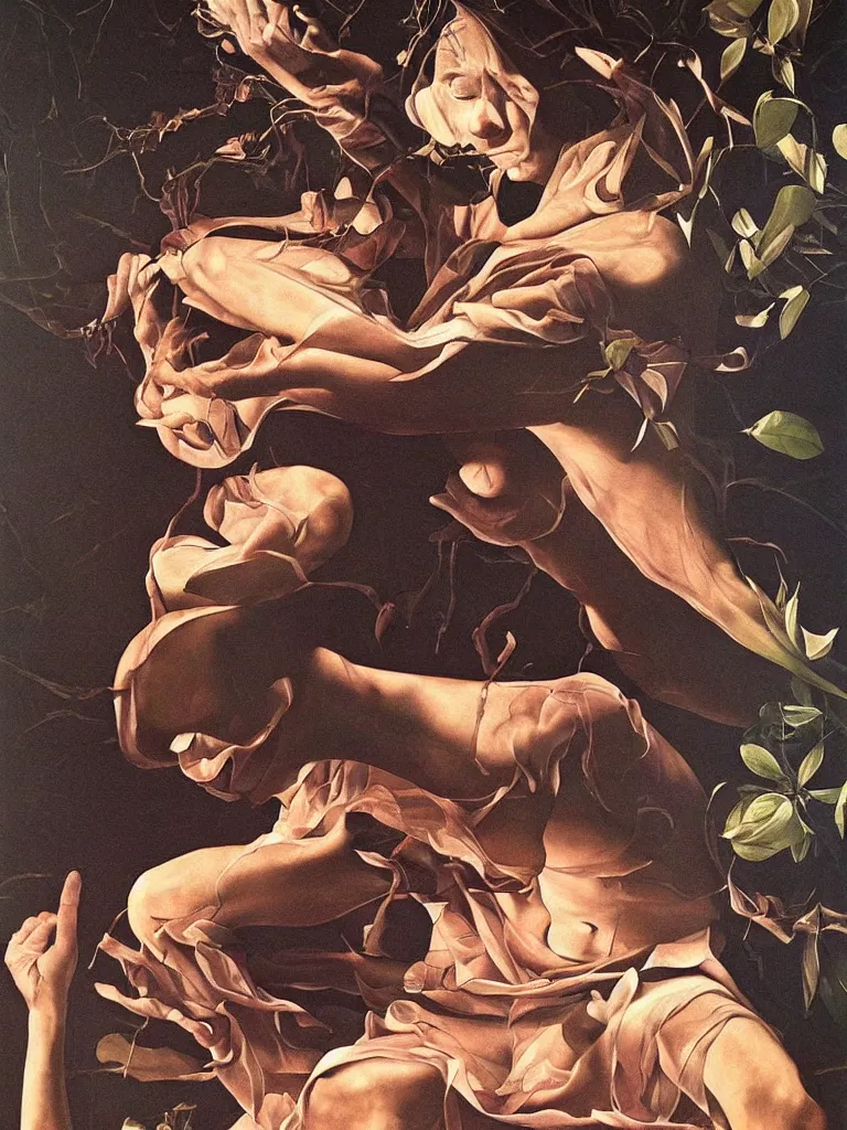 Image similar to hyperrealistic still life painting of a serene dmt goddess meditating, spirits coming out of his mind, by Caravaggio, botanical print, surrealism