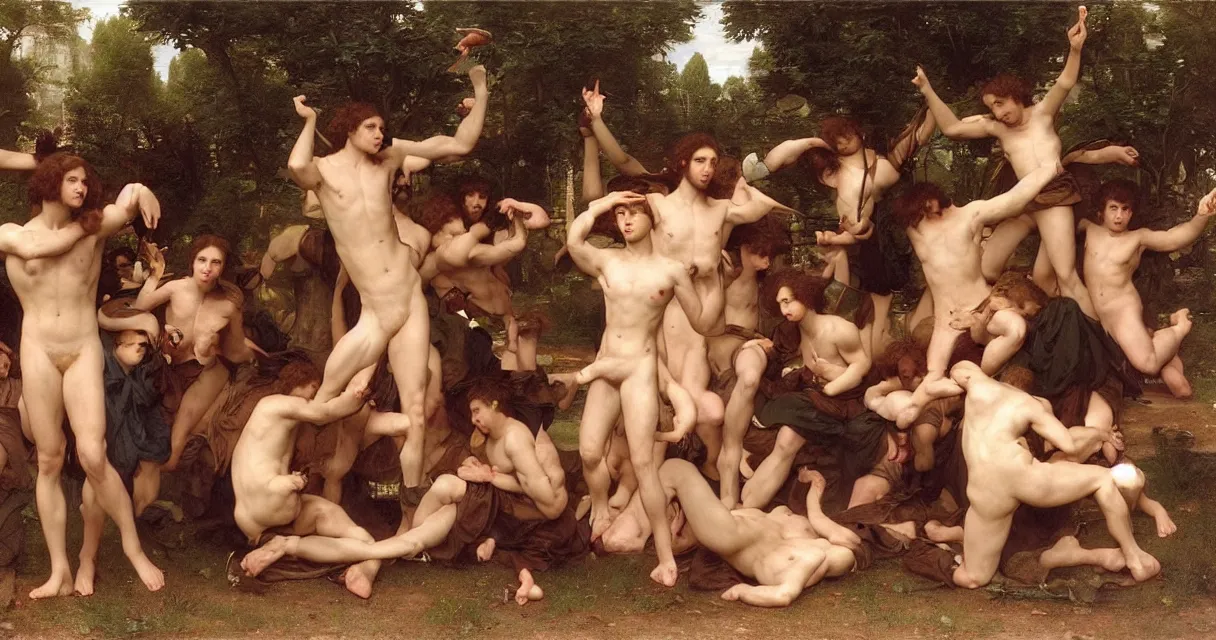 Prompt: large group of pre-Raphaelite muscular athletic male gamers wearing headsets and playing video-games on laptops playstation5 x-box and PC by Bouguereau and raphael