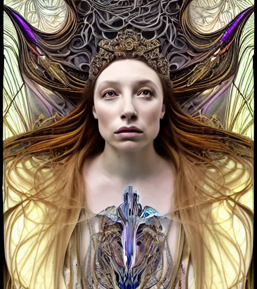 Prompt: detailed realistic beautiful young groovypunk queen of andromeda galaxy in full regal attire. face portrait. art nouveau, symbolist, visionary, baroque, giant fractal details. horizontal symmetry by zaha hadid, iris van herpen, raymond swanland and alphonse mucha. highly detailed, hyper - real, beautiful