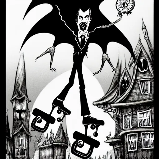 Image similar to black and white trippy comic art of dracula the vampire vampire vampire roller skating on roller skates, drawn by martin rowson, tim burton, studio ghibli, alex pardee, nekro petros afshar, james mcdermott, cgsociety 4 k