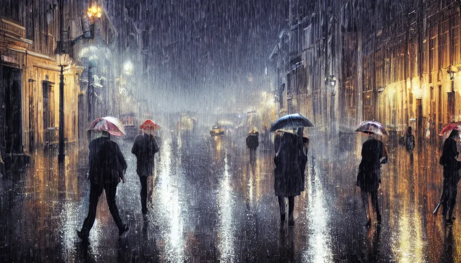Image similar to brussels under rain, people with umbrella, evening, wet paved road, hyperdetailed, artstation, cgsociety, 8 k
