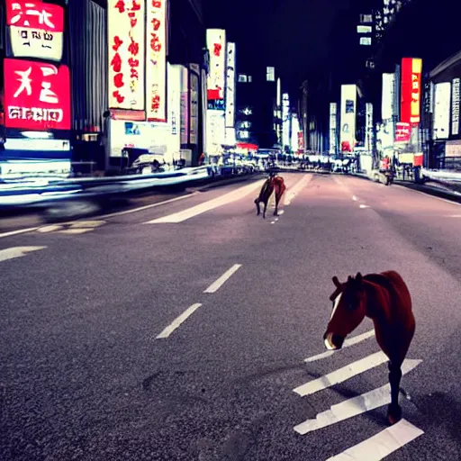 Image similar to horse running down the Tokyo Street night sky busy Street