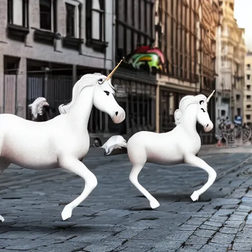 Image similar to two white unicorns riding bikes in city street, photoreal