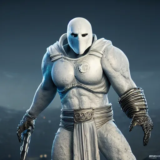 Image similar to a high resolution render of moon knight mixed with krator from gow, artstation, accurate, 8 k, cgivfx, quixel, wetastudiofx, bigstudiovfx, octanerender 3 d, framestorevfx, cgrecord, highdensity, highradiosity