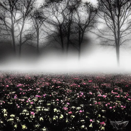 Prompt: big garden with black flowers, fog, rainy weather, metal album cover style, greyish colors, 4K