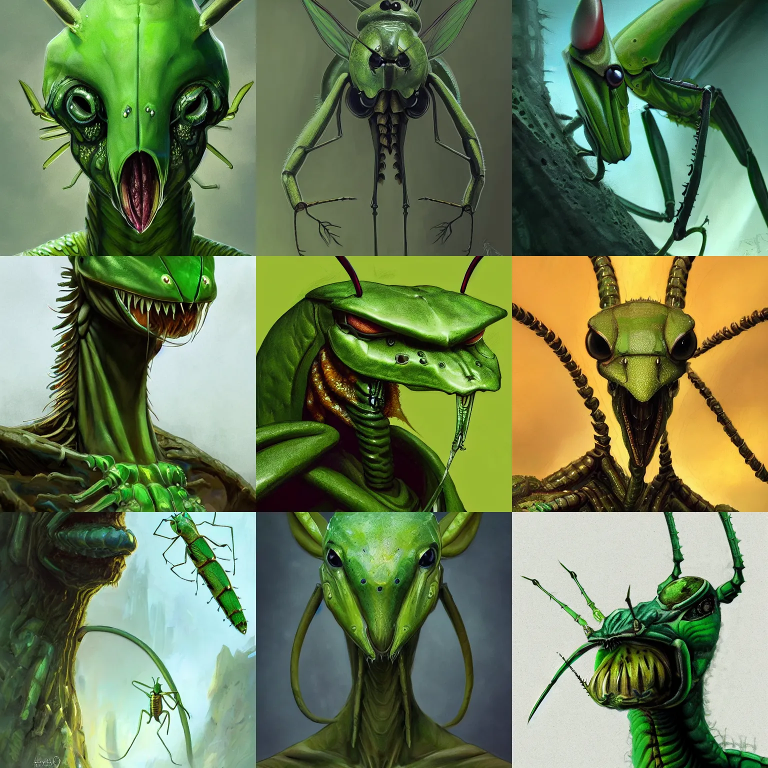 Prompt: portrait of green anthropomorphic mantis religiosa ; hard predatory look ; d & d rogue ; 6 legs ; hestiastula head with antennae ; concept art ; artstation ; 8 k ; wallpapers ; heavy contrast ; cinematic art ; cgsociety ; art by greg rutkowski and artgerm