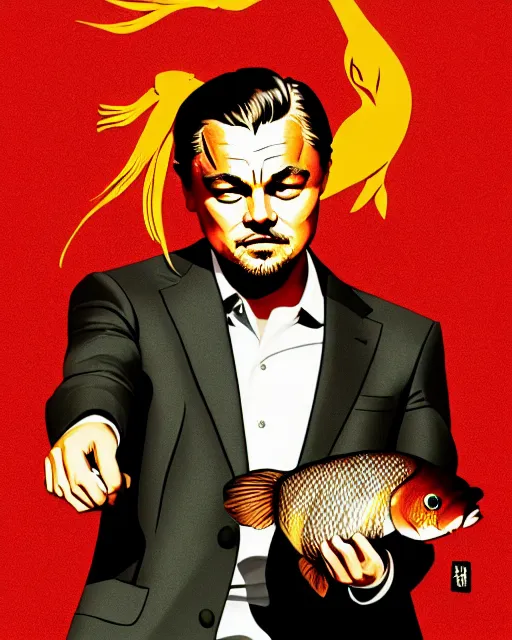 Image similar to photograph of leonardo dicaprio holding a carp in his both hands. movie poster, illustration by bartek fedyczak, erak note, tooth wu, neil richards, kan liu, siwoo kim, jisu choe, trending on art station