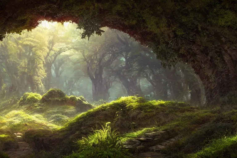 Image similar to natural arches covered in bushes and moss, sunny day, long shot, matte painting, digital art, by greg rutkowski, in the style of studio ghibli, vivid colors, highly detailed, 8 k, establishing shot, smooth, trending on artstation, illustration, realistic