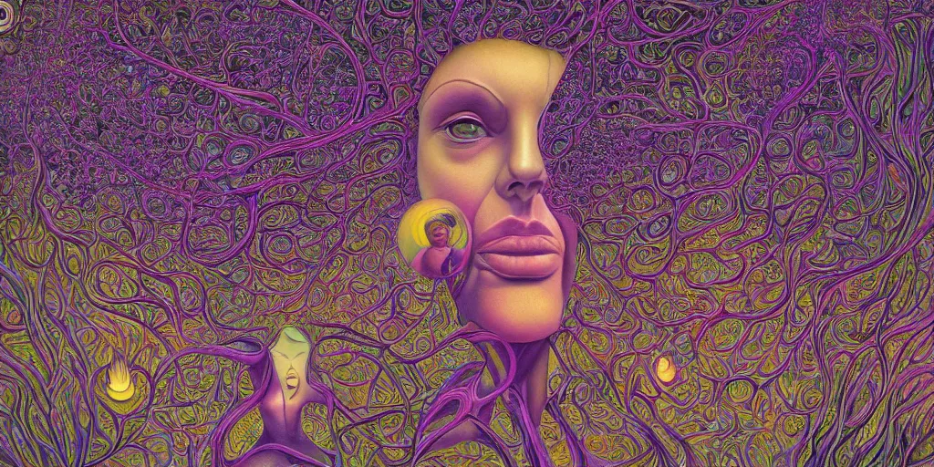 Prompt: theologue by alex grey in the style of surrealism, intricate, elegant, highly detailed, digital painting, dmt goddess entities, recursive fractal butteflies and flowers, concept art, sharp focus, by rene magritte, moebius, wide shot