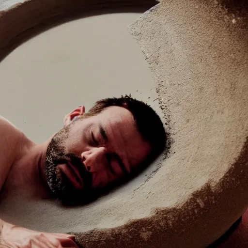 Image similar to close - up of a priest sleeping in a large clay pot, foggy, sun rays, cinematic shot, photo still from movie by ari aster