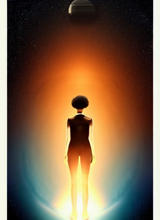 Prompt: symmetry!! a beautiful young black woman standing in front of saturn in space. cute - fine - face, pretty face, realistic shaded perfect face, dark, concept art, cinematic, dramatic, atmospheric, 8 k, trending on artstation, haze, low visibility, fog, christopher nolan, interstellar