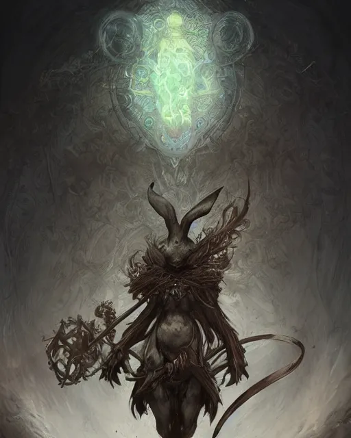 Image similar to Anthropomorphized black rabbit monk, portrait, Path of Exile, Diablo, Warhammer, digital painting, highly detailed, concept art, Nekro, Peter Mohrbacher, Alphonse Mucha, Brian Froud, Yoshitaka Amano, Kim Keever, Victo Ngai, James Jean