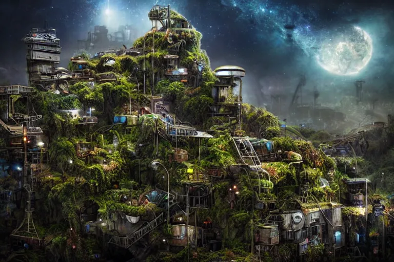 Prompt: sci - fi favela sculpture, fantasy jungle environment, industrial factory, cliffs, gloomy, milky way, award winning art, epic dreamlike fantasy landscape, ultra realistic,